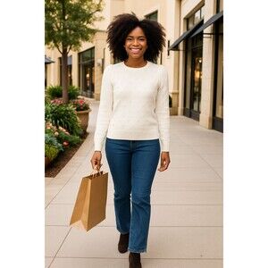 Draper James Womens Sweater Large Ivory Textured Crewneck Puff Sleeves Coquette